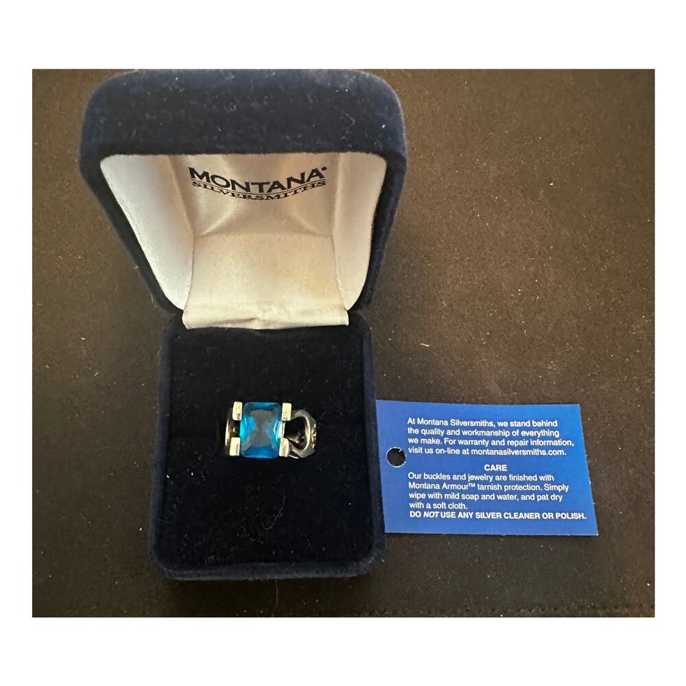MONTANA SILVERSMITHS BLUE TOPAZ HORSESHOE RING; SIZE 8